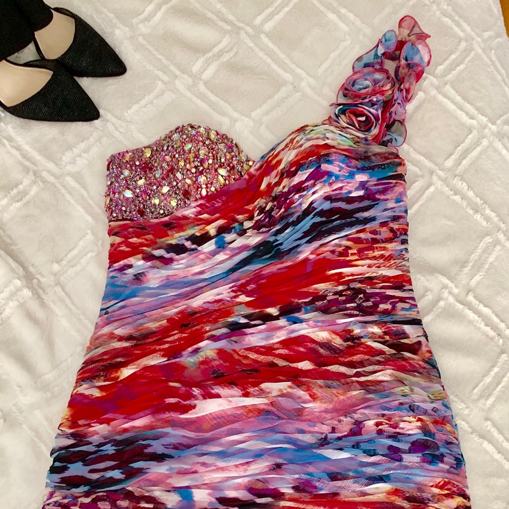 Multi colored one shoulder party dress